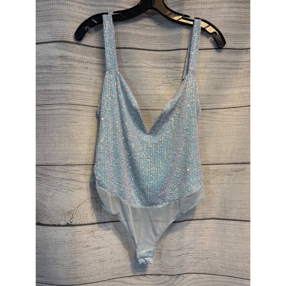 Free People Entwined Sequin Bodysuit V-Neck Adjustable Straps Light Blue S - Picture 1 of 4